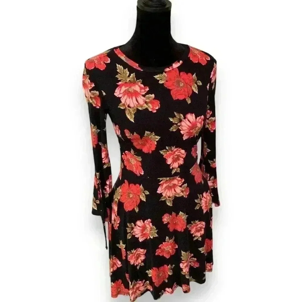 Forever 21 3/4 Ruffle Sleeve Fit & Flare Black and Pink Floral Print Mini Dress